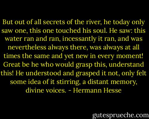 But out of all secrets of the river, he today only saw one, this one touched his soul. He saw: this water ran and ran, incessantly it ran, and was nevertheless always there, was always at all times the same and yet new in every moment! Great be he who would grasp this, understand this! He understood and grasped it not, only felt some idea of it stirring, a distant memory, divine voices. - Hermann Hesse