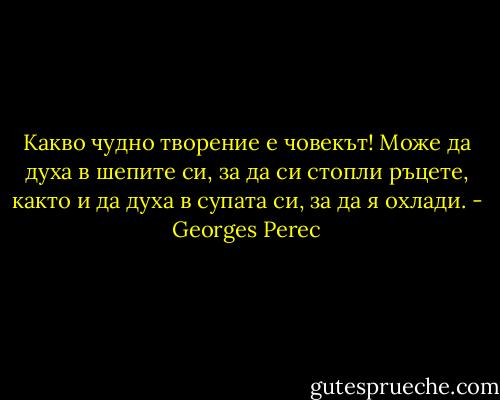 Какво чудно творение е човекът! Може да духа в шепите си, за да си стопли ръцете, както и да духа в супата си, за да я охлади. - Georges Perec