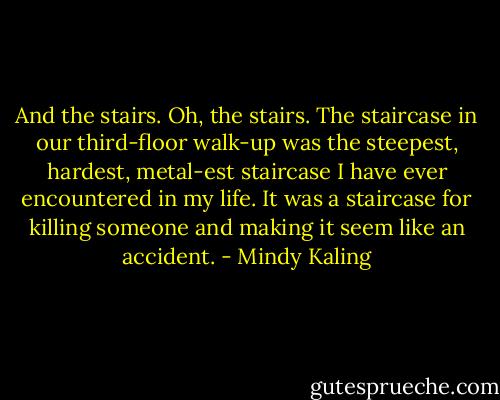 And the stairs. Oh, the stairs. The staircase in our third-floor walk-up was the steepest, hardest, metal-est staircase I have ever encountered in my life. It was a staircase for killing someone and making it seem like an accident. - Mindy Kaling