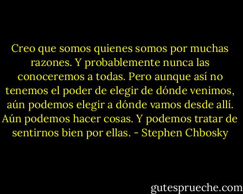 Creo que somos quienes somos por muchas razones. Y probablemente nunca las conoceremos a todas. Pero aunque así no tenemos el poder de elegir de dónde venimos, aún podemos elegir a dónde vamos desde allí. Aún podemos hacer cosas. Y podemos tratar de sentirnos bien por ellas. - Stephen Chbosky