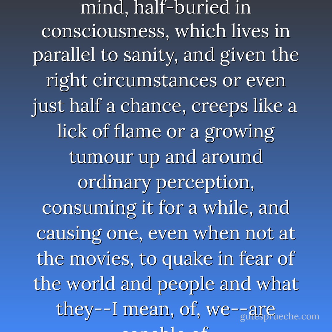 But I do know a kind of madness that lies low in the mind, half-buried in consciousness, which lives in parallel to sanity, and given the right circumstances or even just half a chance, creeps like a lick of flame or a growing tumour up and around ordinary perception, consuming it for a while, and causing one, even when not at the movies, to quake in fear of the world and people and what they--I mean, of, we--are capable of. - Jenny Diski
