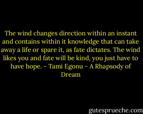 The wind changes direction within an instant and contains within it knowledge that can take away a life or spare it, as fate dictates. The wind likes you and fate will be kind, you just have to have hope. - Tami Egonu - A Rhapsody of Dream