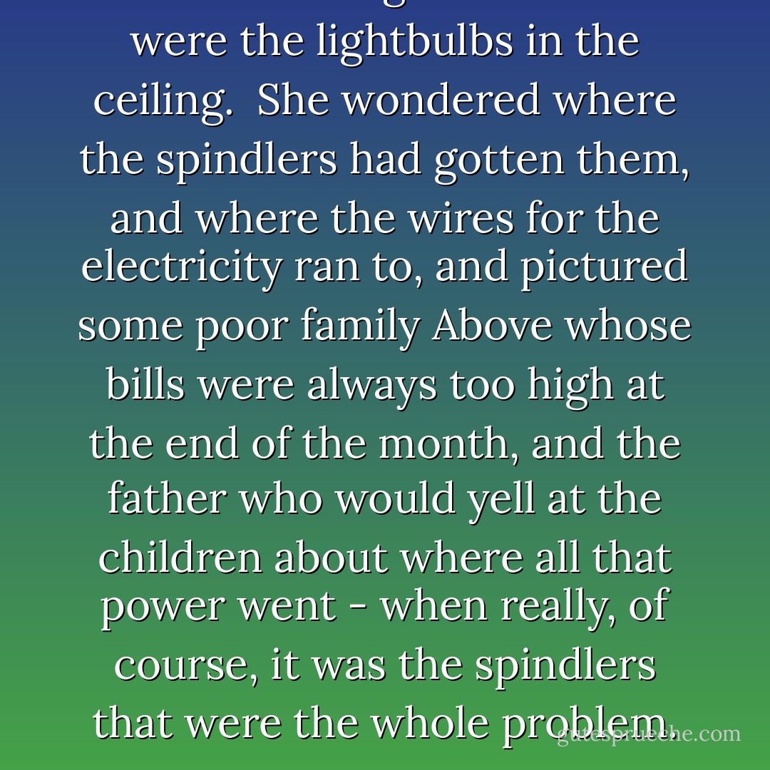 The first thing she noticed were the lightbulbs in the ceiling. <br />She wondered where the spindlers had gotten them, and where the wires for the electricity ran to, and pictured some poor family Above whose bills were always too high at the end of the month, and the father who would yell at the children about where all that power went - when really, of course, it was the spindlers that were the whole problem. - Lauren Oliver