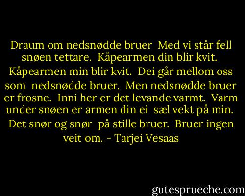 Draum om nedsnødde bruer<br /><br />Med vi står fell snøen tettare.<br /><br />Kåpearmen din blir kvit.<br /><br />Kåpearmen min blir kvit.<br /><br />Dei går mellom oss som<br /><br />nedsnødde bruer.<br /><br />Men nedsnødde bruer er frosne.<br /><br />Inni her er det levande varmt.<br /><br />Varm under snøen er armen din ei<br /><br />sæl vekt på min.<br /><br />Det snør og snør<br /><br />på stille bruer.<br /><br />Bruer ingen veit om. - Tarjei Vesaas