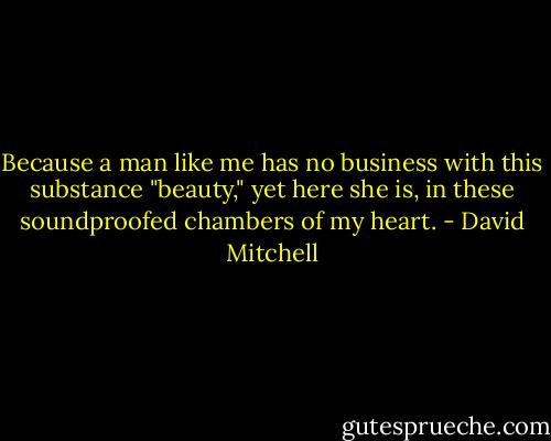 Because a man like me has no business with this substance "beauty," yet here she is, in these soundproofed chambers of my heart. - David Mitchell