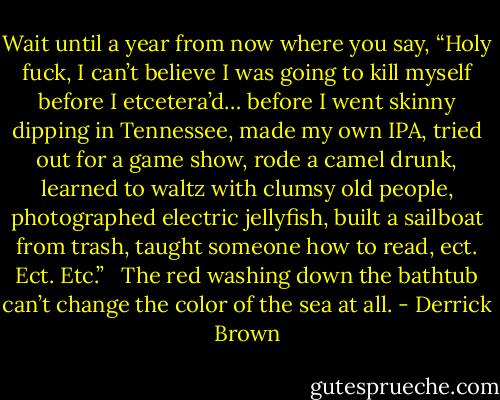 Wait until<br />a year from now<br />where you say,<br />“Holy fuck,<br />I can’t believe I was going to kill myself before I etcetera’d…<br />before I went skinny dipping in Tennessee,<br />made my own IPA,<br />tried out for a game show,<br />rode a camel drunk,<br />learned to waltz with clumsy old people,<br />photographed electric jellyfish,<br />built a sailboat from trash,<br />taught someone how to read,<br />ect. Ect. Etc.”<br /><br /><br />The red washing<br />down the bathtub<br />can’t change the color of the sea<br />at all. - Derrick Brown