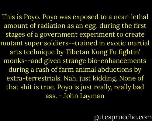 This is Poyo. Poyo was exposed to a near-lethal amount of radiation as an egg, during the first stages of a government experiment to create mutant super soldiers--trained in exotic martial arts technique by Tibetan Kung Fu fightin' monks--and given strange bio-enhancements during a rash of farm animal abductions by extra-terrestrials. Nah, just kidding. None of that shit is true. Poyo is just really, really bad ass. - John Layman