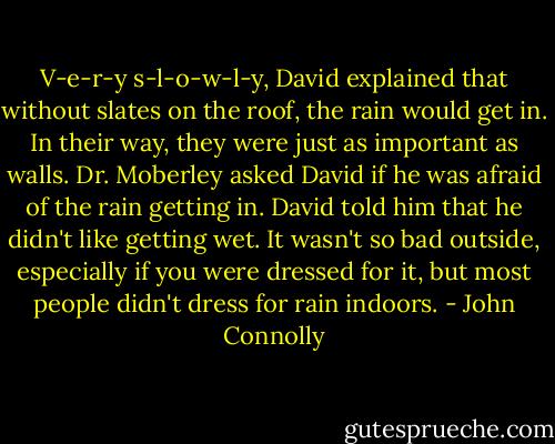 V-e-r-y s-l-o-w-l-y, David explained that without slates on the roof, the rain would get in. In their way, they were just as important as walls. Dr. Moberley asked David if he was afraid of the rain getting in. David told him that he didn't like getting wet. It wasn't so bad outside, especially if you were dressed for it, but most people didn't dress for rain indoors. - John Connolly