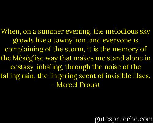 When, on a summer evening, the melodious sky growls like a tawny lion, and everyone is complaining of the storm, it is the memory of the Méséglise way that makes me stand alone in ecstasy, inhaling, through the noise of the falling rain, the lingering scent of invisible lilacs. - Marcel Proust