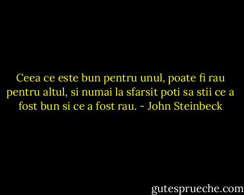 Ceea ce este bun pentru unul, poate fi rau pentru altul, si numai la sfarsit poti sa stii ce a fost bun si ce a fost rau. - John Steinbeck
