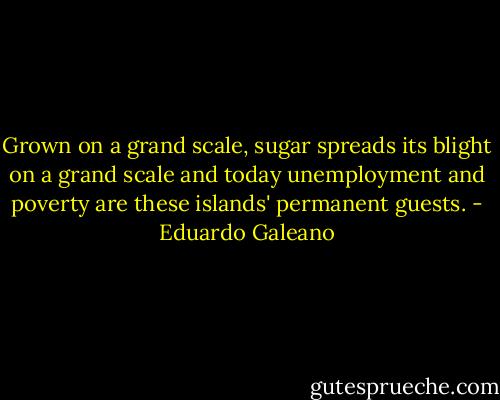 Grown on a grand scale, sugar spreads its blight on a grand scale and today unemployment and poverty are these islands' permanent guests. - Eduardo Galeano