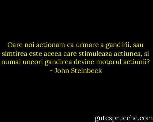 Oare noi actionam ca urmare a gandirii, sau simtirea este aceea care stimuleaza actiunea, si numai uneori gandirea devine motorul actiunii? - John Steinbeck