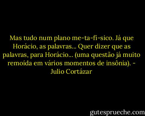 Mas tudo num plano me-ta-fí-sico.<br />Já que Horácio, as palavras... Quer dizer que as palavras, para Horácio... (uma questão já muito remoída em vários momentos de insônia). - Julio Cortázar