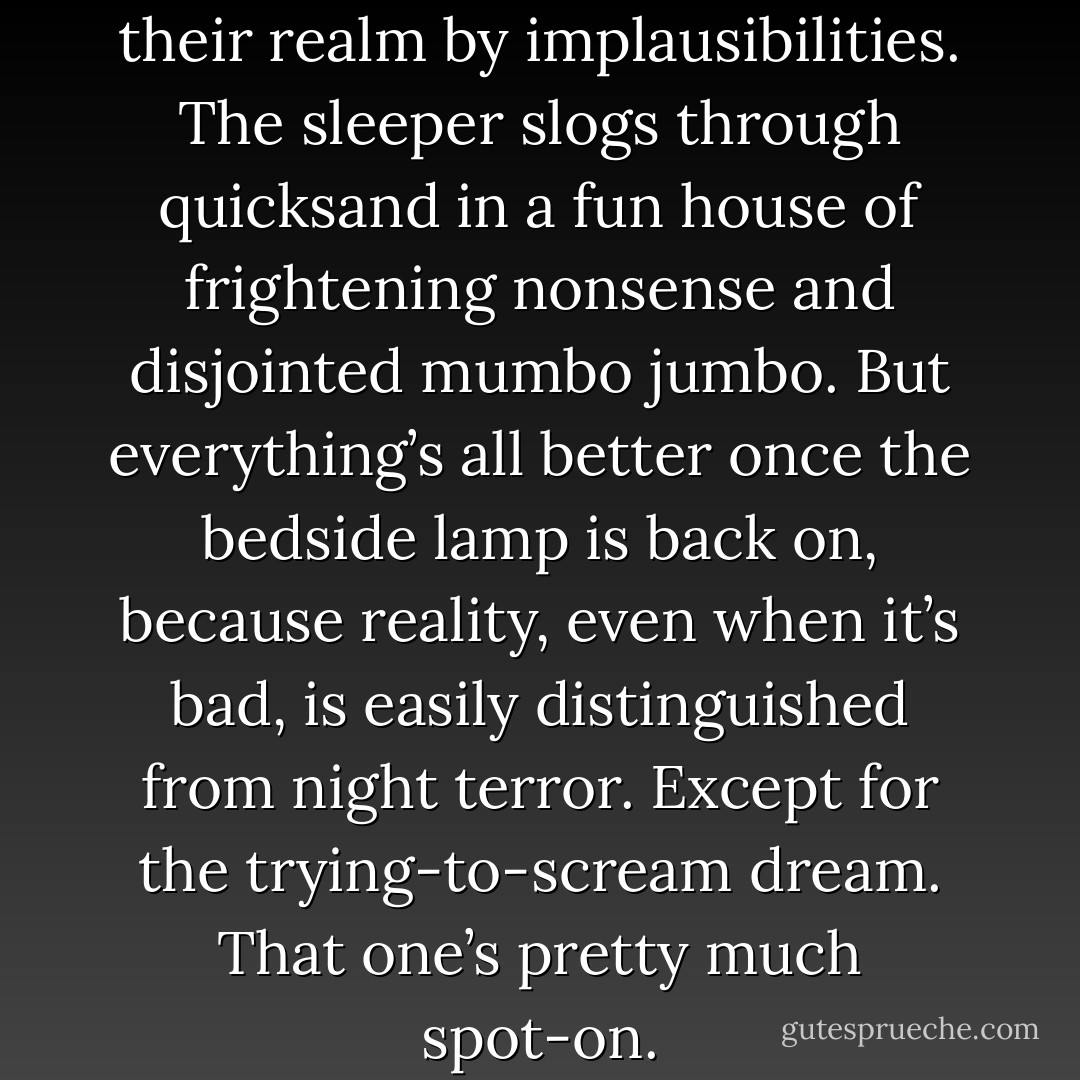 Most nightmares are caged in their realm by implausibilities. The sleeper slogs through quicksand in a fun house of frightening nonsense and disjointed mumbo jumbo. But everything’s all better once the bedside lamp is back on, because reality, even when it’s bad, is easily distinguished from night terror. Except for the trying-to-scream dream. That one’s pretty much spot-on. - Jamie  Mason