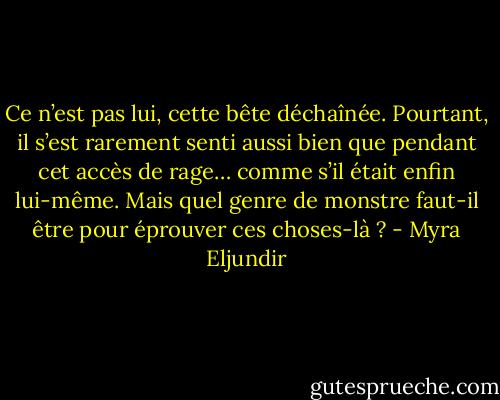 Ce n’est pas lui, cette bête déchaînée. Pourtant, il s’est rarement senti aussi bien que pendant cet accès de rage… comme s’il était enfin lui-même.<br />Mais quel genre de monstre faut-il être pour éprouver ces choses-là ? - Myra Eljundir