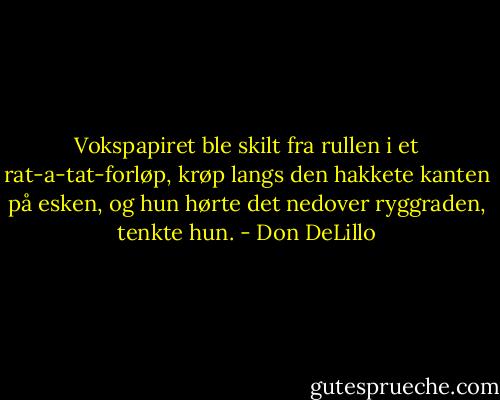 Vokspapiret ble skilt fra rullen i et rat-a-tat-forløp, krøp langs den hakkete kanten på esken, og hun hørte det nedover ryggraden, tenkte hun. - Don DeLillo