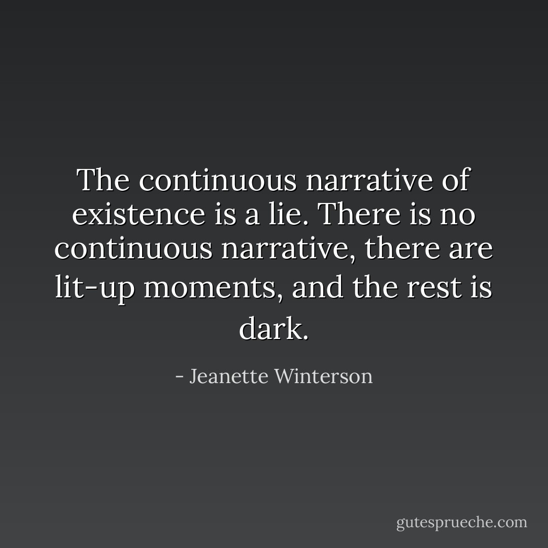 The continuous narrative of existence is a lie. There is no continuous narrative, there are lit-up moments, and the rest is dark. - Jeanette Winterson