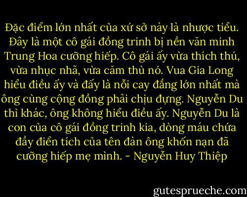 Đặc điểm lớn nhất của xứ sở này là nhược tiểu. Đây là một cô gái đồng trinh bị nền văn minh Trung Hoa cưỡng hiếp. Cô gái ấy vừa thích thú, vừa nhục nhã, vừa căm thù nó. Vua Gia Long hiểu điều ấy và đấy là nỗi cay đắng lớn nhất mà ông cùng cộng đồng phải chịu đựng. Nguyễn Du thì khác, ông không hiểu điều ấy. Nguyễn Du là con của cô gái đồng trinh kia, dòng máu chứa đầy điển tích của tên đàn ông khốn nạn đã cưỡng hiếp mẹ mình. - Nguyễn Huy Thiệp