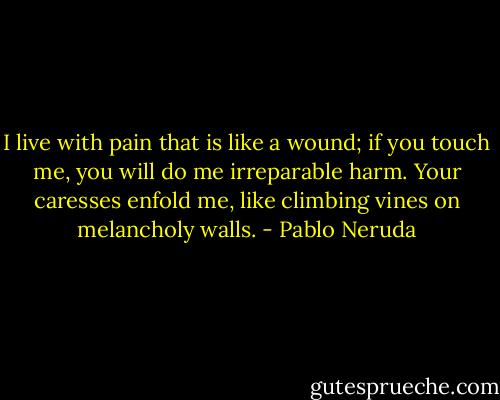 I live with pain that is like a wound; if you touch me, you will<br />do me irreparable harm. Your caresses enfold me, like climbing vines on melancholy walls. - Pablo Neruda