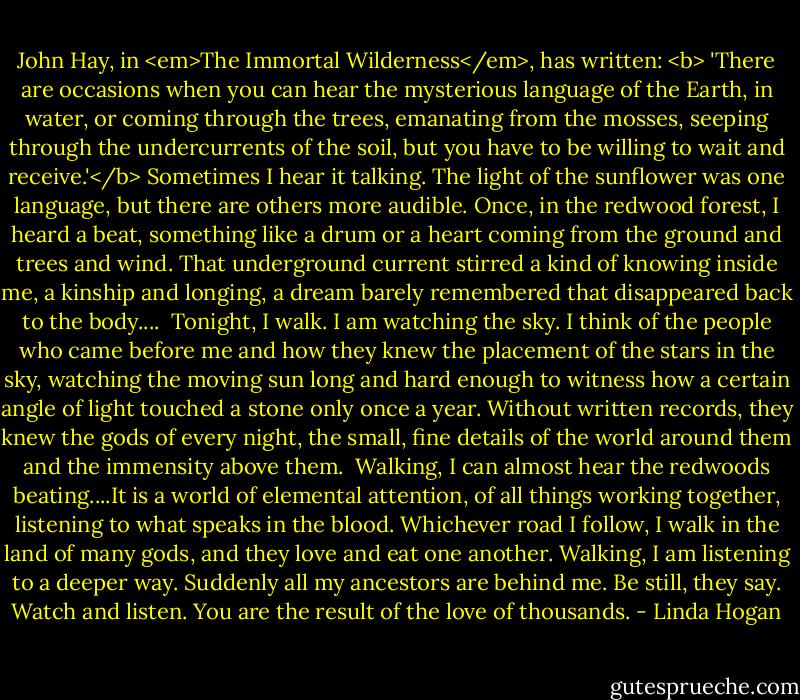 John Hay, in <em>The Immortal Wilderness</em>, has written: <b> 'There are occasions when you can hear the mysterious language of the Earth, in water, or coming through the trees, emanating from the mosses, seeping through the undercurrents of the soil, but you have to be willing to wait and receive.'</b> Sometimes I hear it talking. The light of the sunflower was one language, but there are others more audible. Once, in the redwood forest, I heard a beat, something like a drum or a heart coming from the ground and trees and wind. That underground current stirred a kind of knowing inside me, a kinship and longing, a dream barely remembered that disappeared back to the body....<br /><br />Tonight, I walk. I am watching the sky. I think of the people who came before me and how they knew the placement of the stars in the sky, watching the moving sun long and hard enough to witness how a certain angle of light touched a stone only once a year. Without written records, they knew the gods of every night, the small, fine details of the world around them and the immensity above them.<br /><br />Walking, I can almost hear the redwoods beating....It is a world of elemental attention, of all things working together, listening to what speaks in the blood. Whichever road I follow, I walk in the land of many gods, and they love and eat one another. Walking, I am listening to a deeper way. Suddenly all my ancestors are behind me. Be still, they say. Watch and listen. You are the result of the love of thousands. - Linda Hogan