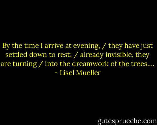 By the time I arrive at evening, / they have just settled down to rest; / already invisible, they are turning / into the dreamwork of the trees…. - Lisel Mueller