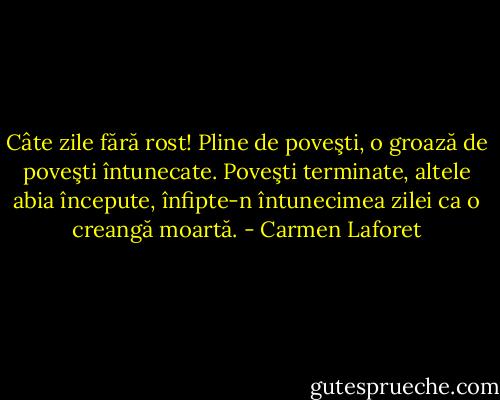 Câte zile fără rost! Pline de poveşti, o groază de poveşti întunecate. Poveşti terminate, altele abia începute, înfipte-n întunecimea zilei ca o creangă moartă. - Carmen Laforet