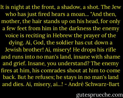 It is night at the front, a shadow, a shot. The Jew who has just fired<br />hears a moan...<br />"And then, mother, the hair stands up on his head, for only a few feet from him in the darkness the enemy voice is reciting in Hebrew the prayer of the dying. Ai, God, the soldier has cut down a Jewish brother! Ai, misery! He drops his rifle and runs into no man's land, insane with shame and grief. Insane, you understand? The enemy fires at him, his comrades shout at him to come back. But he refuses; he stays in no man's land and dies. Ai, misery, ai...! - André Schwarz-Bart