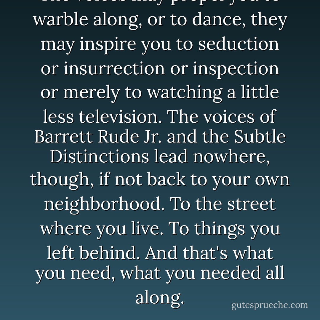 The voices may propel you to warble along, or to dance, they may inspire you to seduction or insurrection or inspection or merely to watching a little less television. The voices of Barrett Rude Jr. and the Subtle Distinctions lead nowhere, though, if not back to your own neighborhood. To the street where you live. To things you left behind.<br />And that's what you need, what you needed all along. - Jonathan Lethem