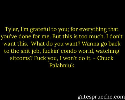 Tyler, I'm grateful to you; for everything that you've done for me. But this is too much. I don't want this.<br /><br />What do you want? Wanna go back to the shit job, fuckin' condo world, watching sitcoms? Fuck you, I won't do it. - Chuck Palahniuk