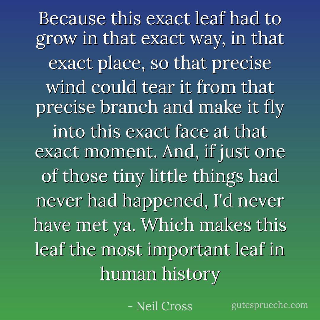 Because this exact leaf had to grow in that exact way, in that exact place, so that precise wind could tear it from that precise branch and make it fly into this exact face at that exact moment. And, if just one of those tiny little things had never had happened, I'd never have met ya. Which makes this leaf the most important leaf in human history - Neil Cross