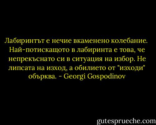 Лабиринтът е нечие вкаменено колебание.<br /><br />Най-потискащото в лабиринта е това, че непрекъснато си в ситуация на избор. Не липсата на изход, а обилието от "изходи" обърква. - Georgi Gospodinov