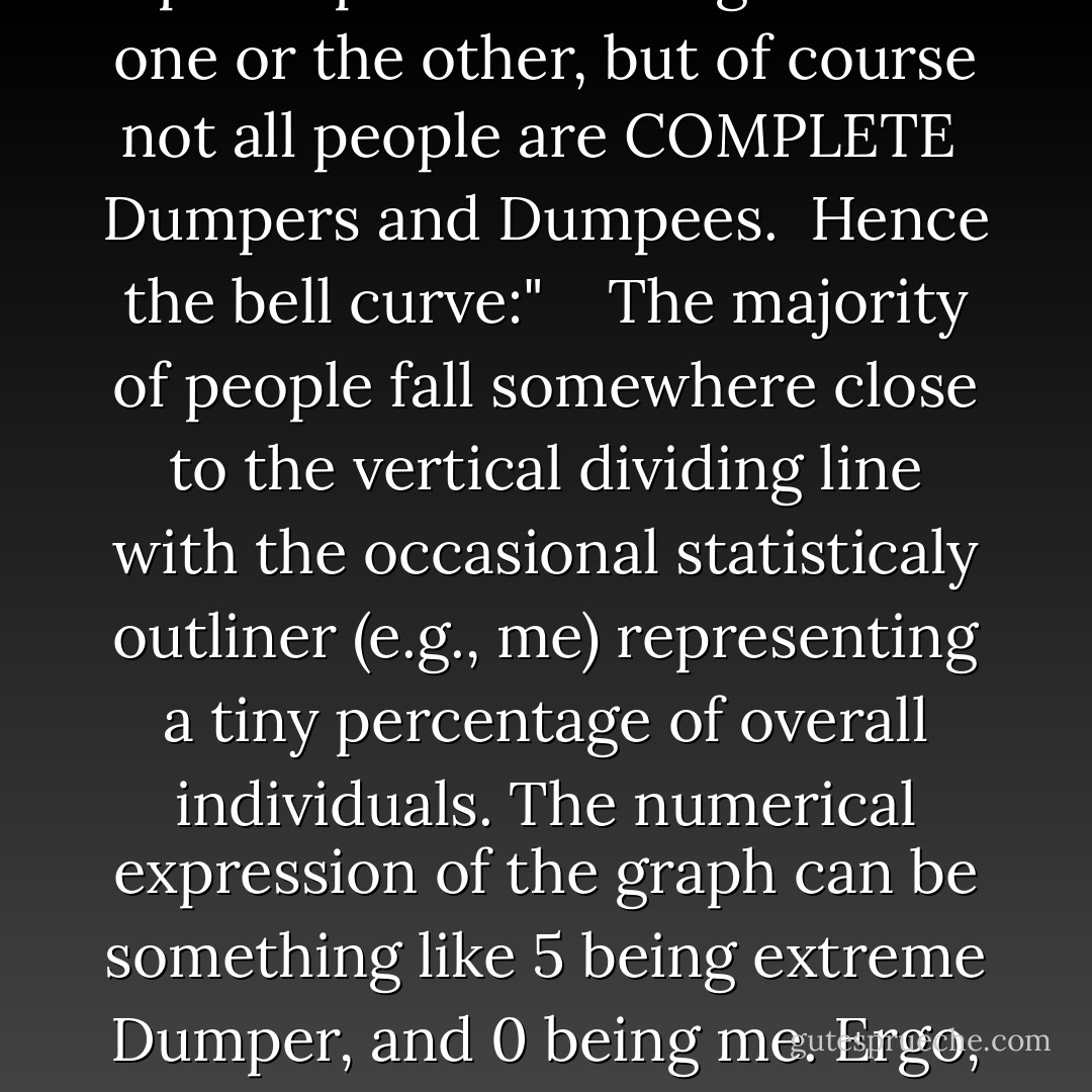 The Theorem reste upon the validity of my longstanding argument that the world contains precisely two kinds of people: <br />Dumpers and Dumpees. <br />Everyone is predisposed to being either one or the other, but of course not all people are COMPLETE <br />Dumpers and Dumpees. <br />Hence the bell curve:" <br /> <br />The majority of people fall somewhere close to the vertical dividing line with the occasional statisticaly outliner (e.g., me) representing a tiny percentage of overall individuals. The numerical expression of the graph can be something like 5 being extreme Dumper, and 0 being me. Ergo, if the Great One was a 4 and I am a 0, total size of the Dumper/Dumpee differetial = -4 (Assuming negative numbers if the guy is more of a Dumpee; positive if the girl is.) - John Green