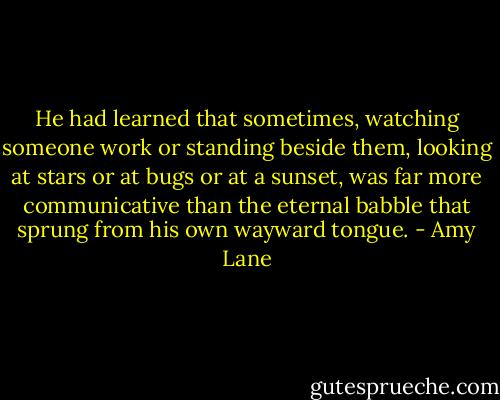 He had learned that sometimes, watching someone work or standing beside them, looking at stars or at bugs or at a sunset, was far more communicative than the eternal babble that sprung from his own wayward tongue. - Amy Lane