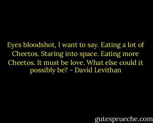 Eyes bloodshot, I want to say. Eating a lot of Cheetos. Staring into space. Eating more<br />Cheetos. It must be love. What else could it possibly be? - David Levithan