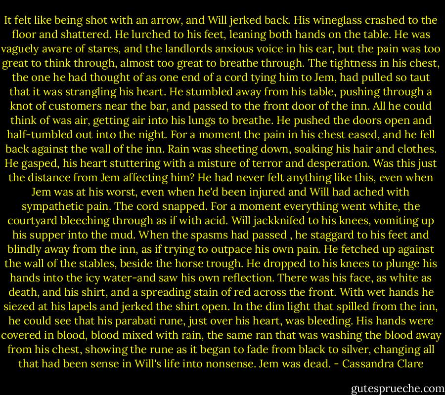 It felt like being shot with an arrow, and Will jerked back. His wineglass crashed to the floor and shattered. He lurched to his feet, leaning both hands on the table. He was vaguely aware of stares, and the landlords anxious voice in his ear, but the pain was too great to think through, almost too great to breathe through. The tightness in his chest, the one he had thought of as one end of a cord tying him to Jem, had pulled so taut that it was strangling his heart. He stumbled away from his table, pushing through a knot of customers near the bar, and passed to the front door of the inn. All he could think of was air, getting air into his lungs to breathe. He pushed the doors open and half-tumbled out into the night. For a moment the pain in his chest eased, and he fell back against the wall of the inn. Rain was sheeting down, soaking his hair and clothes. He gasped, his heart stuttering with a misture of terror and desperation. Was this just the distance from Jem affecting him? He had never felt anything like this, even when Jem was at his worst, even when he'd been injured and Will had ached with sympathetic pain.<br />The cord snapped.<br />For a moment everything went white, the courtyard bleeching through as if with acid. Will jackknifed to his knees, vomiting up his supper into the mud. When the spasms had passed , he staggard to his feet and blindly away from the inn, as if trying to outpace his own pain. He fetched up against the wall of the stables, beside the horse trough. He dropped to his knees to plunge his hands into the icy water-and saw his own reflection. There was his face, as white as death, and his shirt, and a spreading stain of red across the front. With wet hands he siezed at his lapels and jerked the shirt open. In the dim light that spilled from the inn, he could see that his parabati rune, just over his heart, was bleeding. His hands were covered in blood, blood mixed with rain, the same ran that was washing the blood away from his chest, showing the rune as it began to fade from black to silver, changing all that had been sense in Will's life into nonsense.<br />Jem was dead. - Cassandra Clare