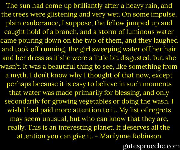The sun had come up brilliantly after a heavy rain, and the trees were glistening and very wet. On some impulse, plain exuberance, I suppose, the fellow jumped up and caught hold of a branch, and a storm of luminous water came pouring down on the two of them, and they laughed and took off running, the girl sweeping water off her hair and her dress as if she were a little bit disgusted, but she wasn’t. It was a beautiful thing to see, like something from a myth. I don’t know why I thought of that now, except perhaps because it is easy to believe in such moments that water was made primarily for blessing, and only secondarily for growing vegetables or doing the wash. I wish I had paid more attention to it. My list of regrets may seem unusual, but who can know that they are, really. This is an interesting planet. It deserves all the attention you can give it. - Marilynne Robinson