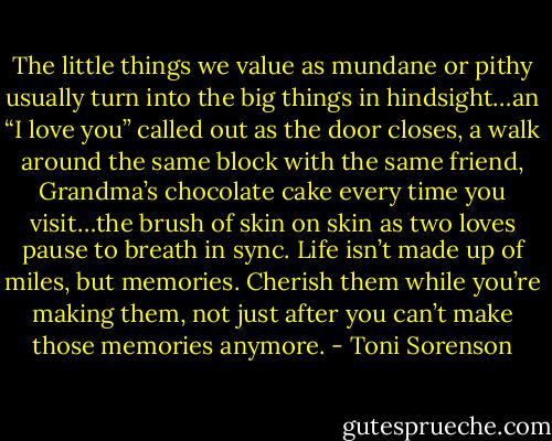 The little things we value as mundane or pithy usually turn into the big things in hindsight…an “I love you” called out as the door closes, a walk around the same block with the same friend, Grandma’s chocolate cake every time you visit…the brush of skin on skin as two loves pause to breath in sync. Life isn’t made up of miles, but memories. Cherish them while you’re making them, not just after you can’t make those memories anymore. - Toni Sorenson