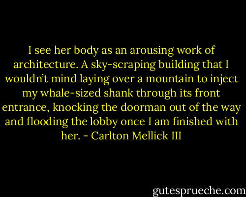 I see her body as an arousing work of architecture. A sky-scraping building that I wouldn’t mind laying over a mountain to inject my whale-sized shank through its front entrance, knocking the doorman out of the way and flooding the lobby once I am finished with her. - Carlton Mellick III