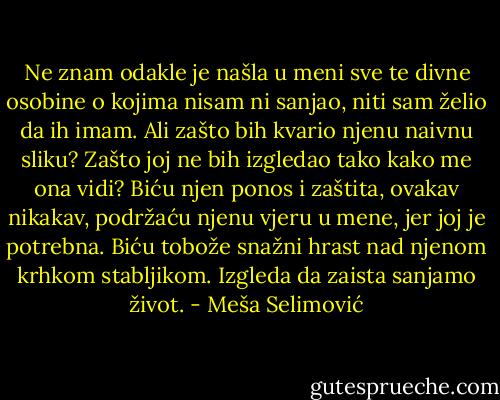 Ne znam odakle je našla u meni sve te divne osobine o kojima nisam ni sanjao, niti sam želio da ih imam. Ali zašto bih kvario njenu naivnu sliku? Zašto joj ne bih izgledao tako kako me ona vidi? Biću njen ponos i zaštita, ovakav nikakav, podržaću njenu vjeru u mene, jer joj je potrebna. Biću tobože snažni hrast nad njenom krhkom stabljikom. Izgleda da zaista sanjamo život. - Meša Selimović