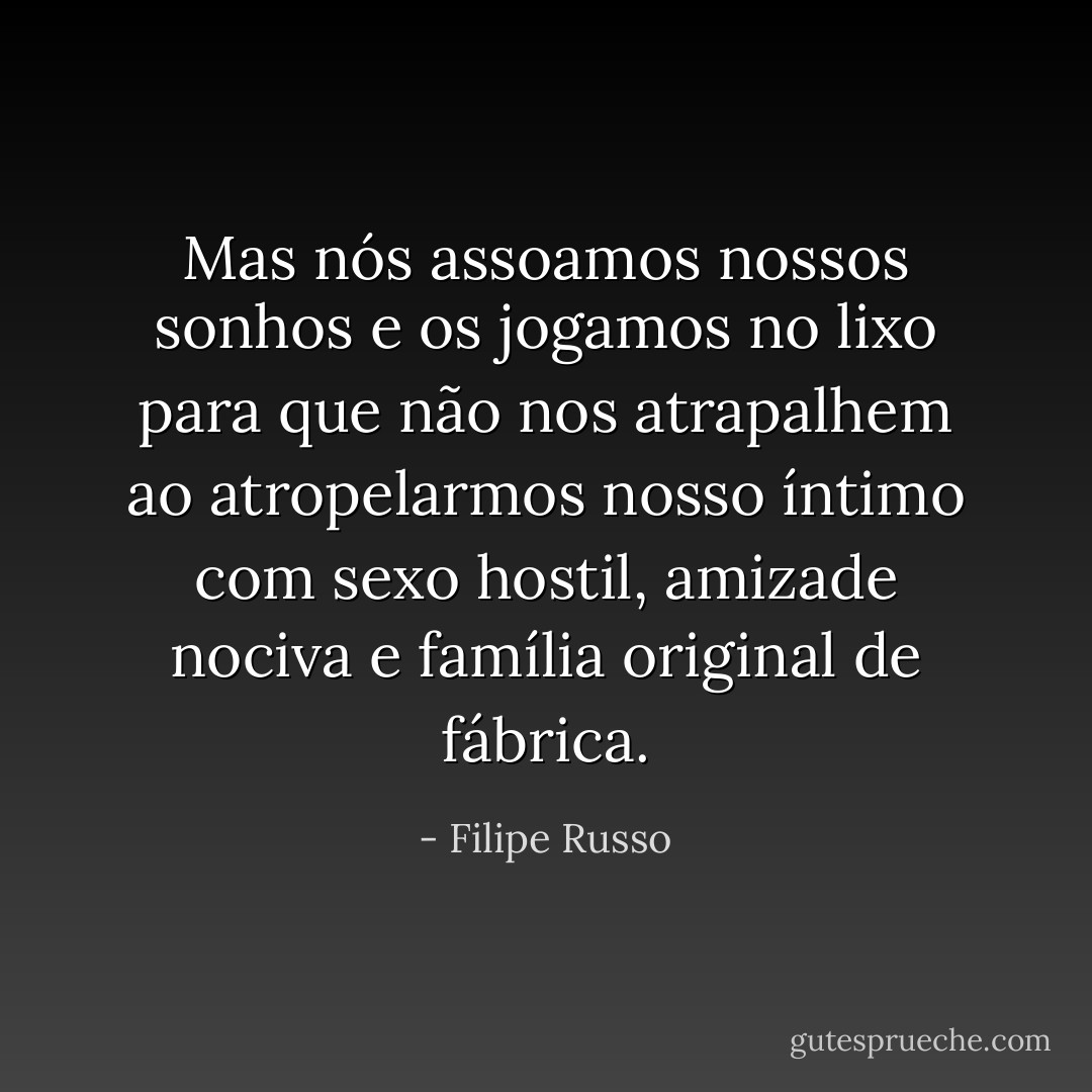 Mas nós assoamos nossos sonhos e os jogamos no lixo para que não nos atrapalhem ao atropelarmos nosso íntimo com sexo hostil, amizade nociva e família original de fábrica. - Filipe Russo
