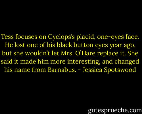 Tess focuses on Cyclops’s placid, one-eyes face. He lost one of his black button eyes year ago, but she wouldn’t let Mrs. O’Hare replace it. She said it made him more interesting, and changed his name from Barnabus. - Jessica Spotswood
