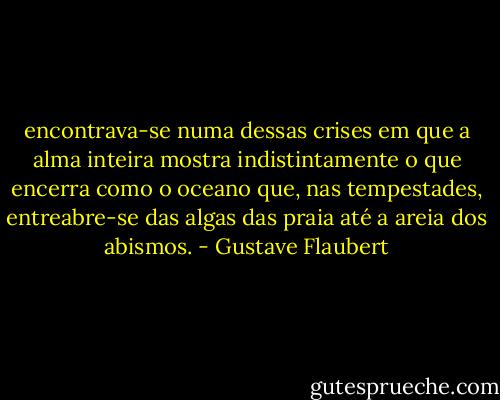 encontrava-se numa dessas crises em que a alma inteira mostra indistintamente o que encerra como o oceano que, nas tempestades, entreabre-se das algas das praia até a areia dos abismos. - Gustave Flaubert