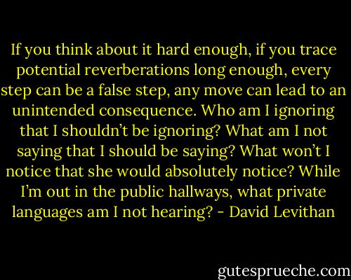 If you think about it hard enough, if you trace potential<br />reverberations long enough, every step can be a false step, any move can lead to an<br />unintended consequence.<br />Who am I ignoring that I shouldn’t be ignoring? What am I not saying that I should be<br />saying? What won’t I notice that she would absolutely notice? While I’m out in the<br />public hallways, what private languages am I not hearing? - David Levithan