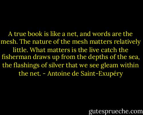A true book is like a net, and words are the mesh. The nature of the mesh matters relatively little. What matters is the live catch the fisherman draws up from the depths of the sea, the flashings of silver that we see gleam within the net. - Antoine de Saint-Exupéry
