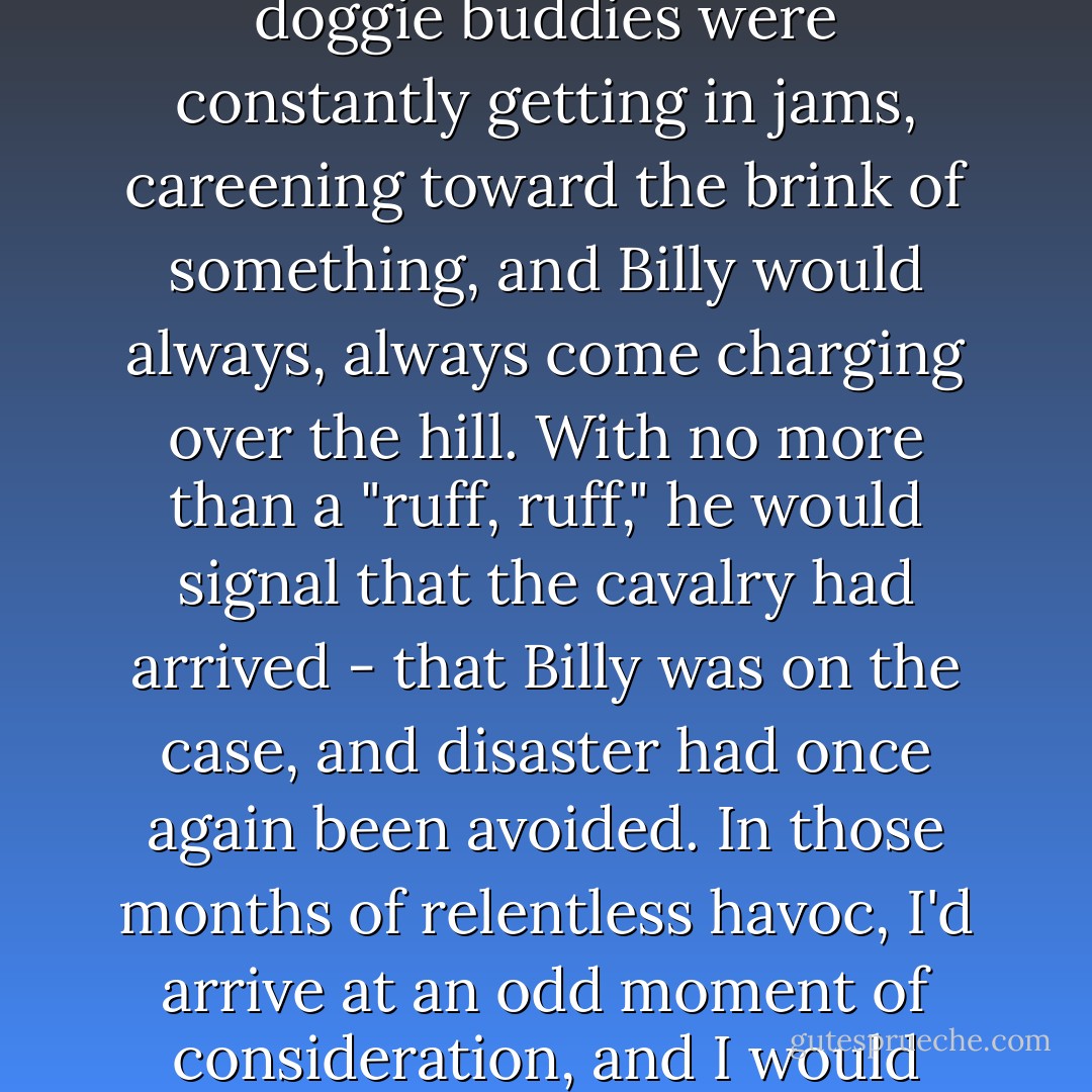 When I was very little, my dad would tell me stories about "Billy the Lucky Pup." Billy's doggie buddies were constantly getting in jams, careening toward the brink of something, and Billy would always, always come charging over the hill. With no more than a "ruff, ruff," he would signal that the cavalry had arrived - that Billy was on the case, and disaster had once again been avoided. In those months of relentless havoc, I'd arrive at an odd moment of consideration, and I would think, <i>Where the fuck is that dog, anyway?</i> - David Carr