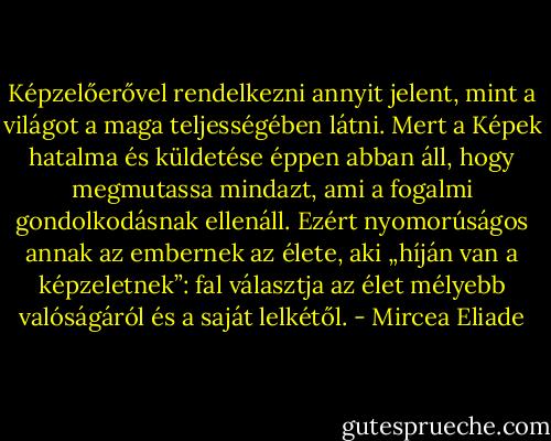 Képzelőerővel rendelkezni annyit jelent, mint a világot a maga teljességében látni. Mert a Képek hatalma és küldetése éppen abban áll, hogy megmutassa mindazt, ami a fogalmi gondolkodásnak ellenáll. Ezért nyomorúságos annak az embernek az élete, aki „híján van a képzeletnek”: fal választja az élet mélyebb valóságáról és a saját lelkétől. - Mircea Eliade