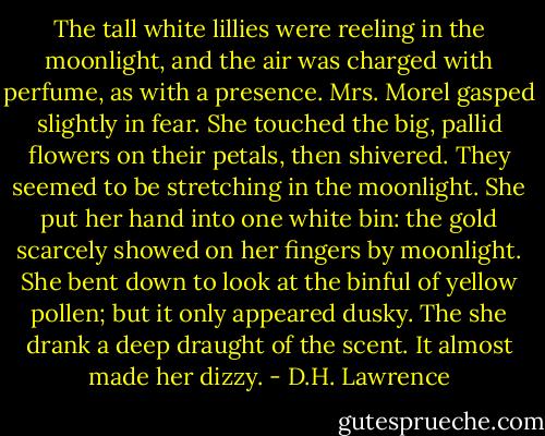 The tall white lillies were reeling in the moonlight, and the air was charged with perfume, as with a presence. Mrs. Morel gasped slightly in fear. She touched the big, pallid flowers on their petals, then shivered. They seemed to be stretching in the moonlight. She put her hand into one white bin: the gold scarcely showed on her fingers by moonlight. She bent down to look at the binful of yellow pollen; but it only appeared dusky. The she drank a deep draught of the scent. It almost made her dizzy. - D.H. Lawrence