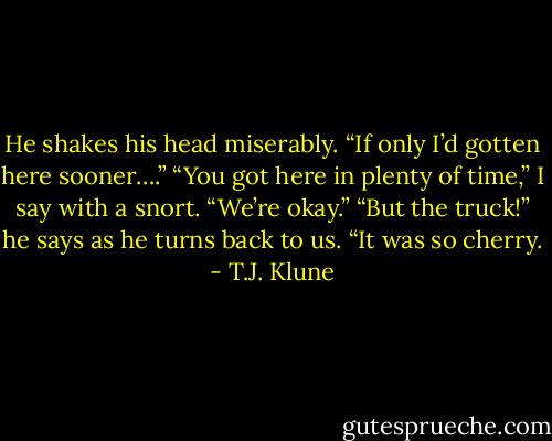 He shakes his head miserably. “If only I’d gotten here sooner….”<br />“You got here in plenty of time,” I say with a snort. “We’re okay.”<br />“But the truck!” he says as he turns back to us. “It was so cherry. - T.J. Klune
