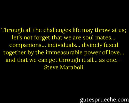 Through all the challenges life may throw at us; let’s not forget that we are soul mates… companions… individuals… divinely fused together by the immeasurable power of love… and that we can get through it all… as one. - Steve Maraboli
