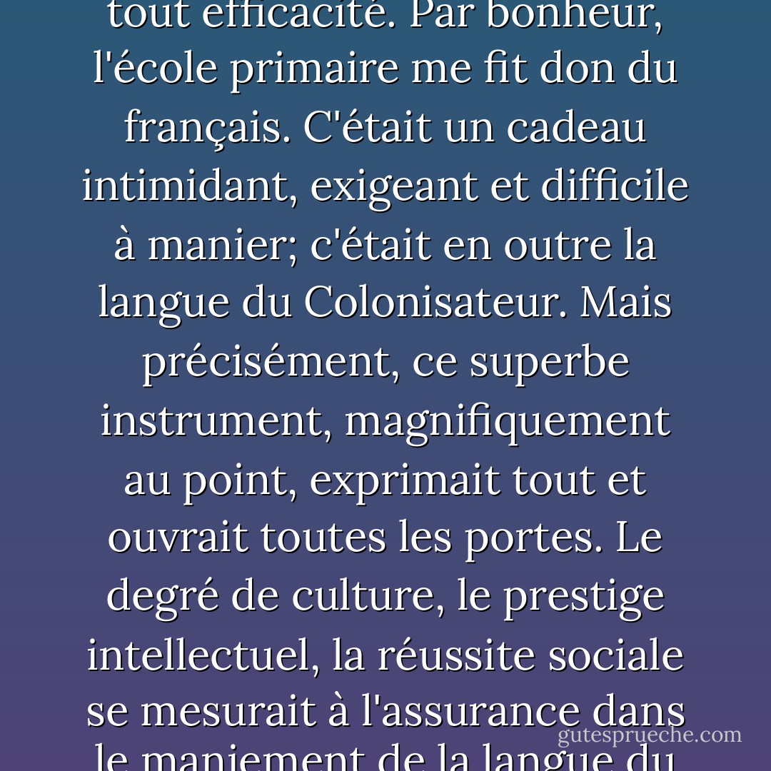 Ma langue maternelle fut une langue infirme. Ce patois judéo-arabe de Tunis, truffé de mots hébreux, italiens, français, mal compris des Musulmans, totalement ignoré des autres, m'abondonnais dès que je quittais les ruelles du ghetto. Au-delà des émotions simples, du boire et du manger, dans cet univers politique, technique et intellectuel que je rêvais de conquérir, il perdait tout efficacité. Par bonheur, l'école primaire me fit don du français. C'était un cadeau intimidant, exigeant et difficile à manier; c'était en outre la langue du Colonisateur. Mais précisément, ce superbe instrument, magnifiquement au point, exprimait tout et ouvrait toutes les portes. Le degré de culture, le prestige intellectuel, la réussite sociale se mesurait à l'assurance dans le maniement de la langue du vainqueur. J'acceptai joyeusement le pari et l'enjeu: avec ma mère, qui ne comprenait pas le français,je parlerais la langue de mon enfance; dans la rue, dans ma profession, je serais un Occidental. C'était affaire d'organisation intérieure. Après tout, je ne serais pas le seul homme sur terre à ne pas connaitre une parfaite unité. - Albert Memmi